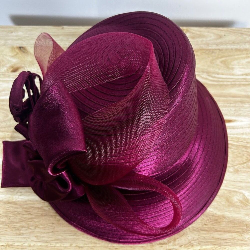 Vintage Style Burgundy Church Hat Women Kentucky Derby Satin Bow Mesh Brim - Picture 5 of 8